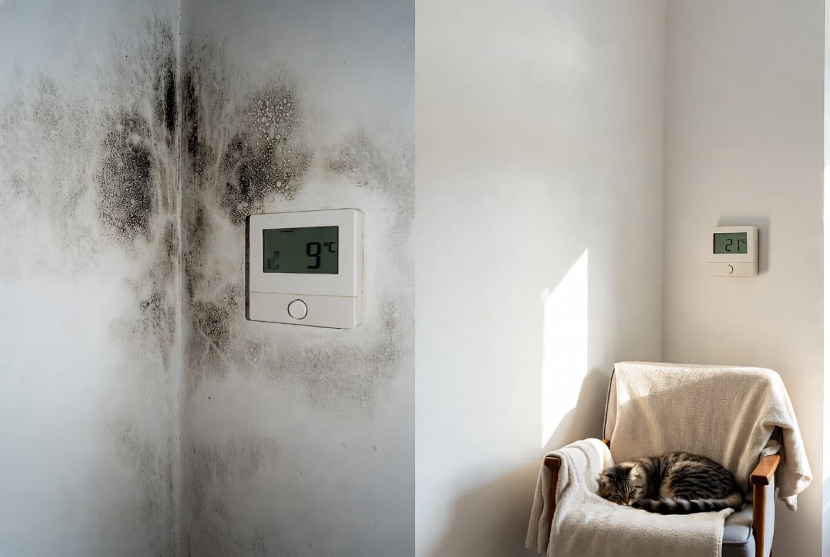 Pared con humedad y termostato a 9°C vs pared seca con gato en silla y 21°C — resultado del insuflado